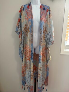 NWT Aratta Silent Journey-Coral Print Lightweight Kimono in Blue, Orange & Cream